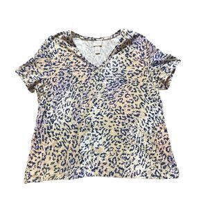 Weekends by Chico's Shirt Womens 2 Taupe Lavender Boxy Rayon Spandex Leopard AOP
